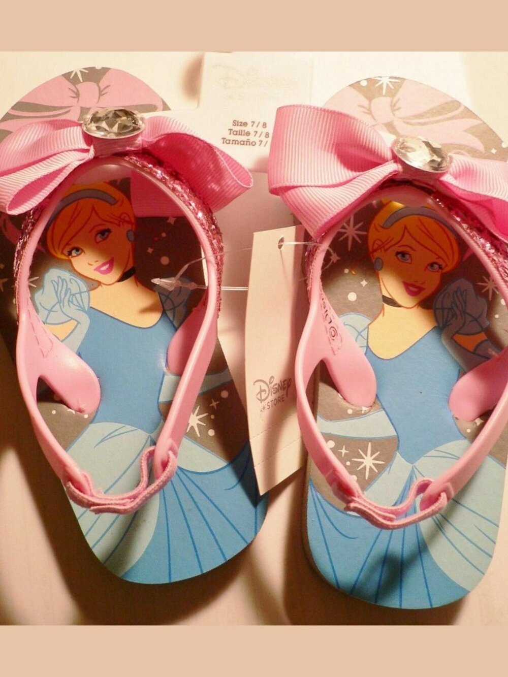 Disney Store Cinderella Bow Glitter Flip Flops Girls Toddler 7/8 NWT